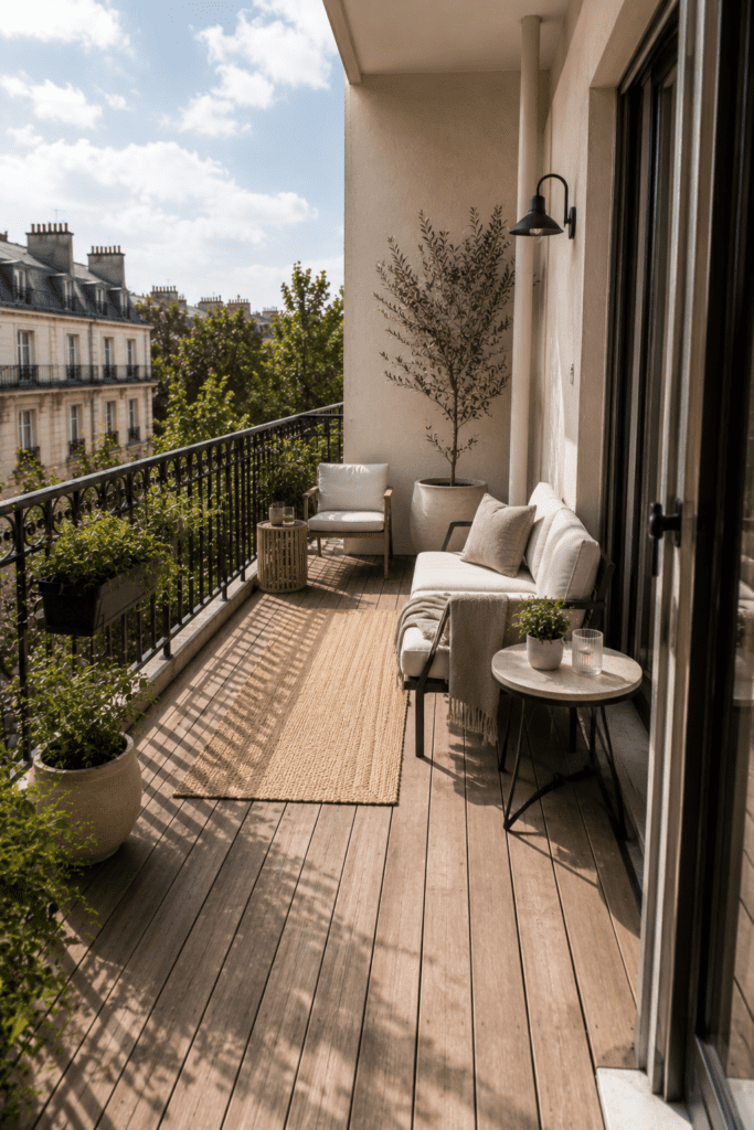 Open balcony layout with spacious furniture arrangement, minimal decor, and small balcony design inspiration