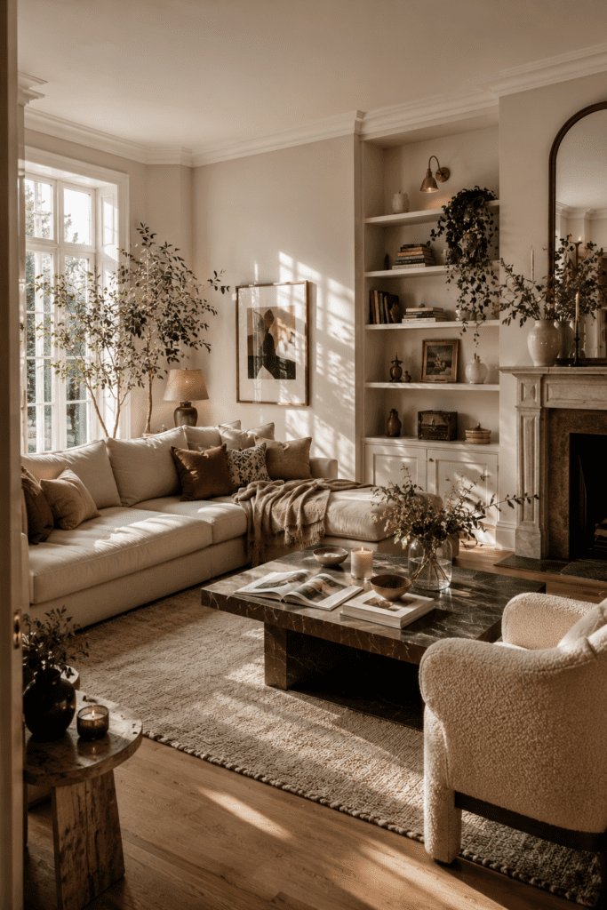 Living room decor with stylish sofa, layered textures, modern furniture, and premium interior design inspiration