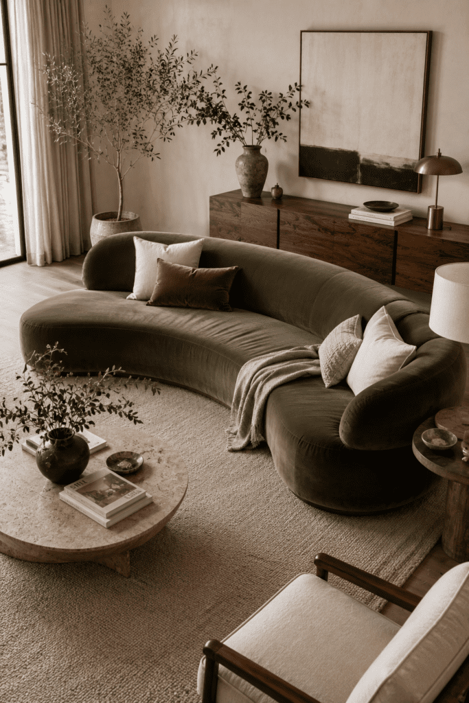 Living room with statement sofa, modern furniture, and luxury interior styling inspiration