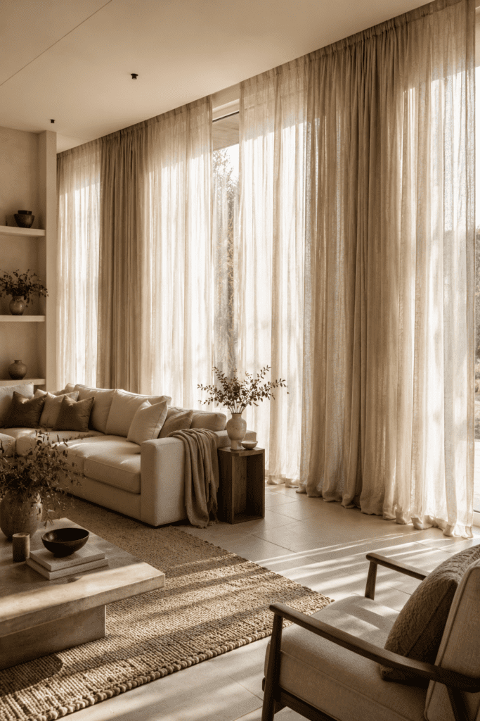 Living room with floor-to-ceiling curtains, large windows, and elegant interior design inspiration