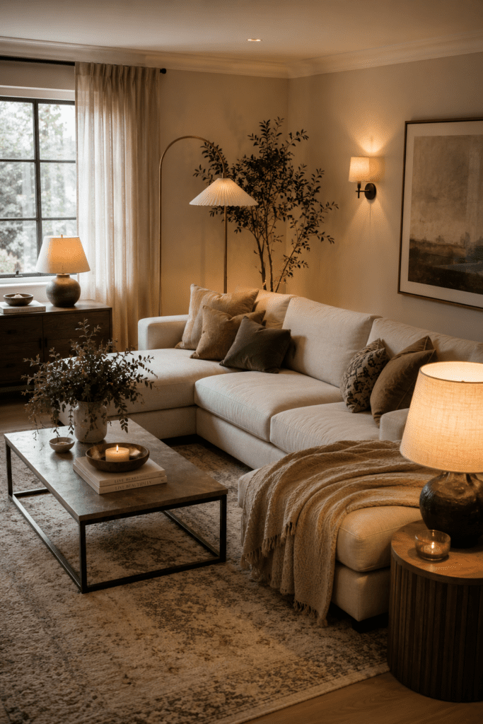 Living room lighting ideas with floor lamps, table lamps, and layered modern lighting inspiration