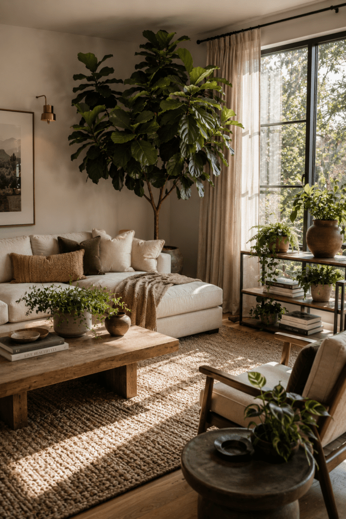 Living room decor with indoor plants, modern furniture, and fresh greenery interior inspiration