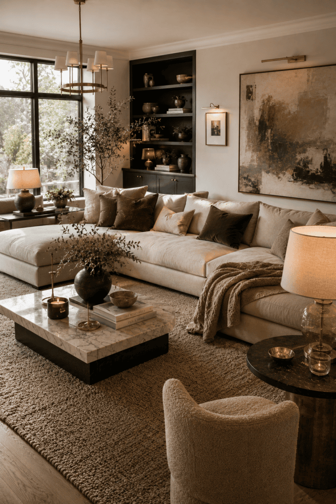 Luxury living room decor with plush sofa, premium materials, layered textures, and elegant interior inspiration