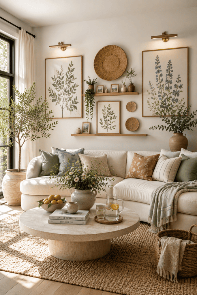 Bright living room featuring elegant summer wall decor with botanical artwork, woven accents, oak shelves, fresh greenery, and natural sunlight.