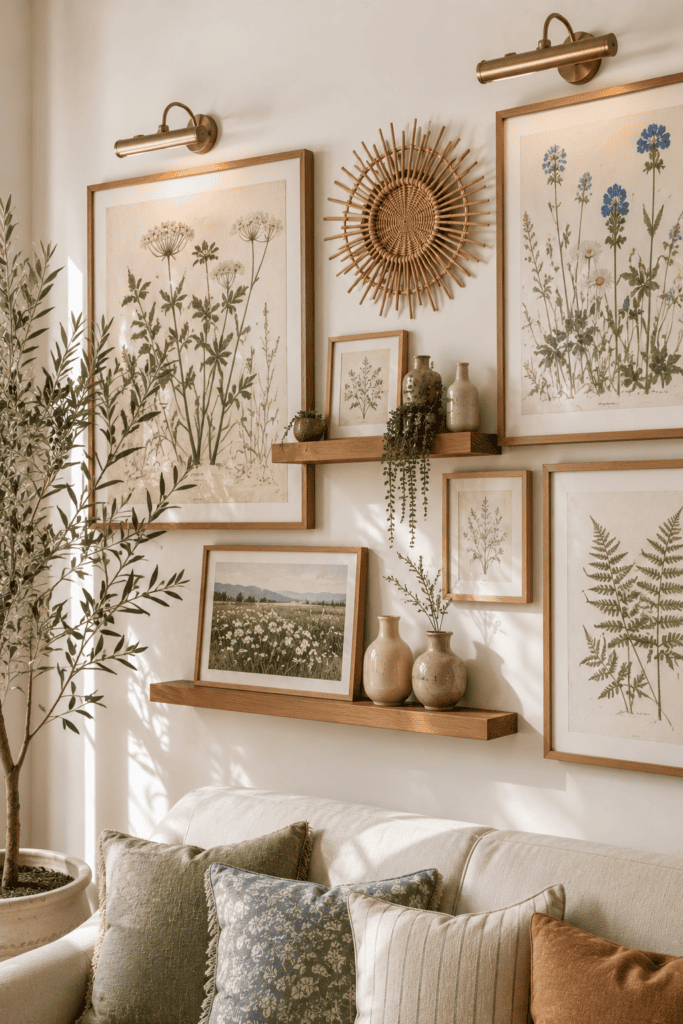 Botanical gallery wall with framed wildflower artwork and natural oak frames in a bright summer living room.