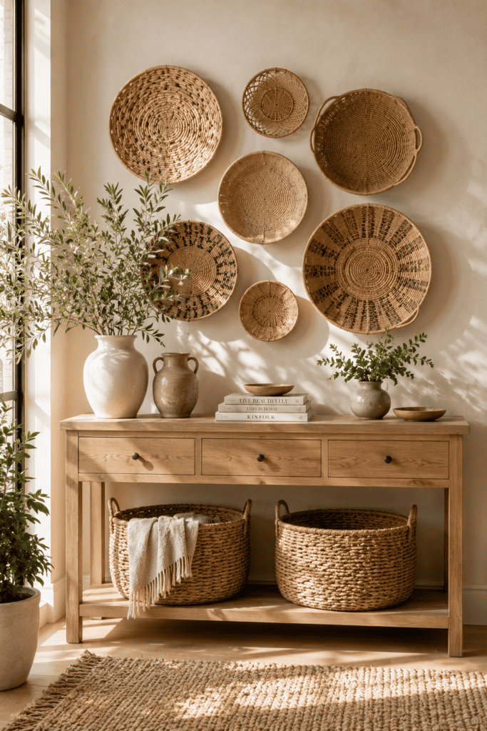Natural woven basket wall decor above a light oak console styled with greenery and ceramics.