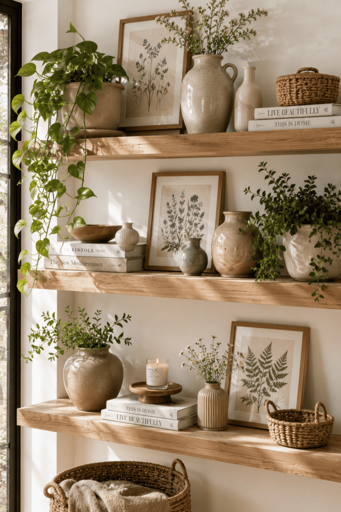 Floating oak shelves decorated with botanical prints, ceramics, books, and lush greenery.