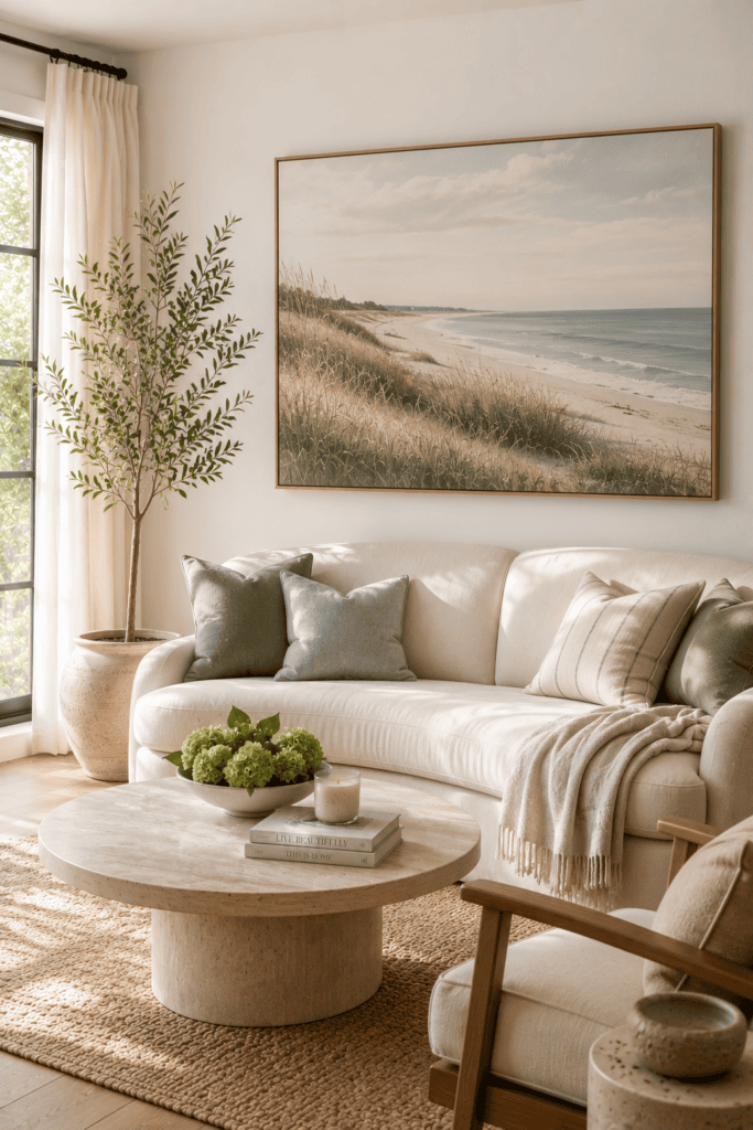 Oversized coastal artwork above a linen sofa in a bright summer-inspired living room.