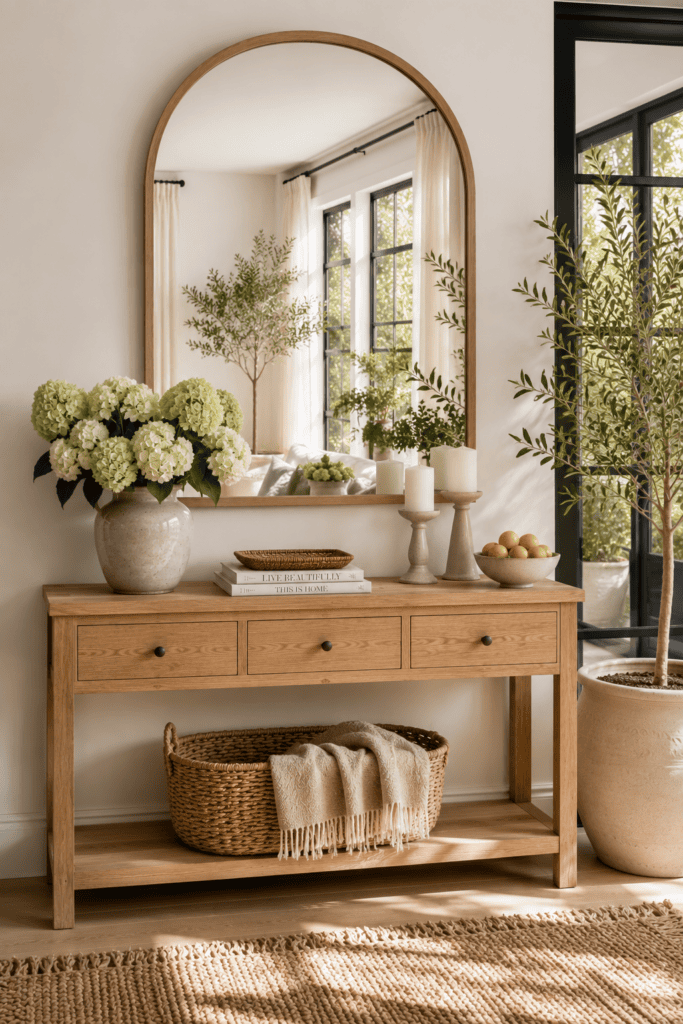 A bright entryway featuring an oversized oak-framed mirror above a beautifully styled console table with summer greenery and natural décor.