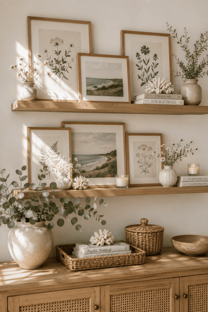 Floating oak picture ledges displaying layered botanical artwork, ceramics, and fresh summer greenery.