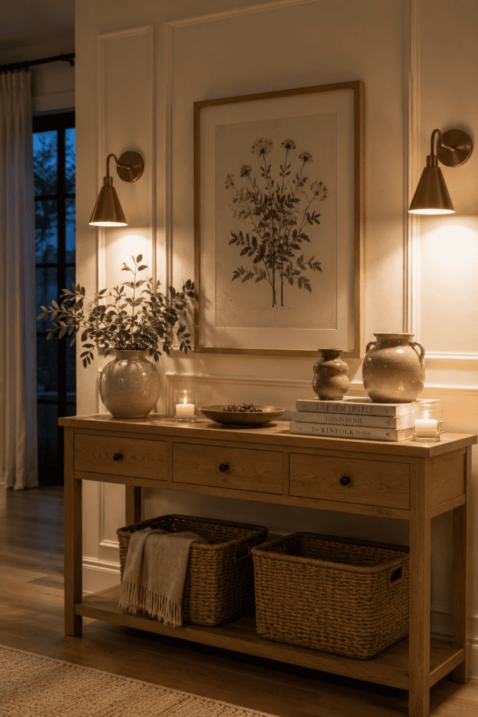Elegant brass wall sconces illuminating botanical artwork and creating a cozy summer evening atmosphere.