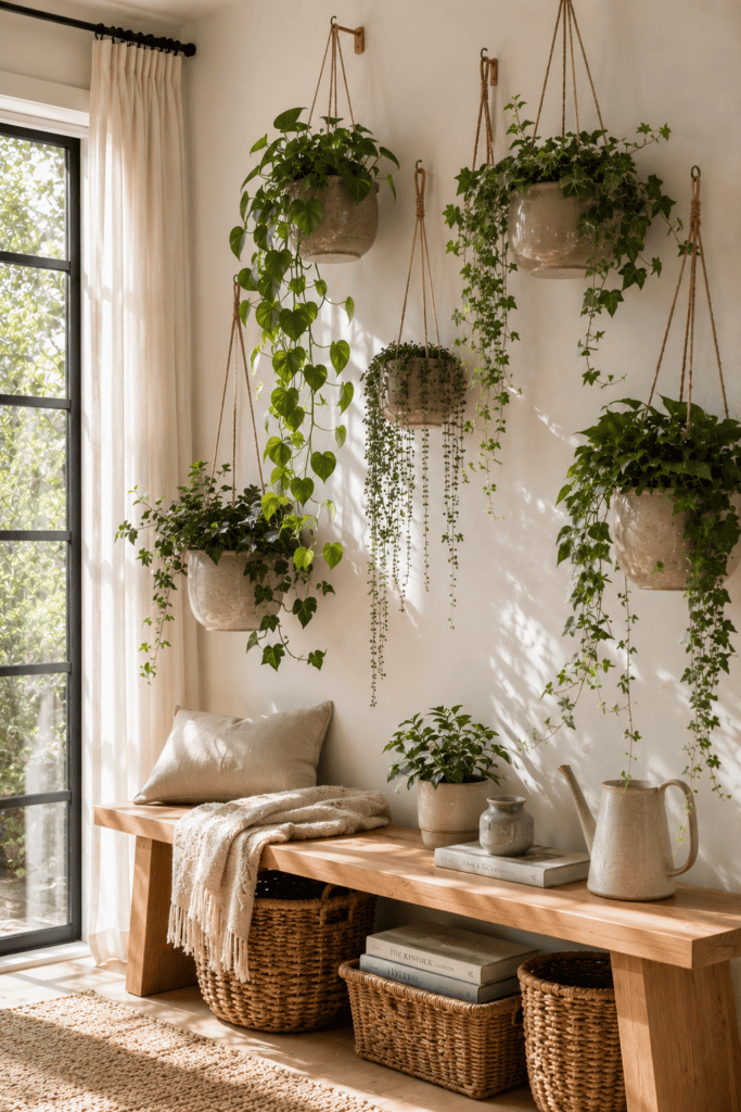 A bright summer wall featuring cascading hanging plants in ceramic planters above a natural oak bench with woven accents.