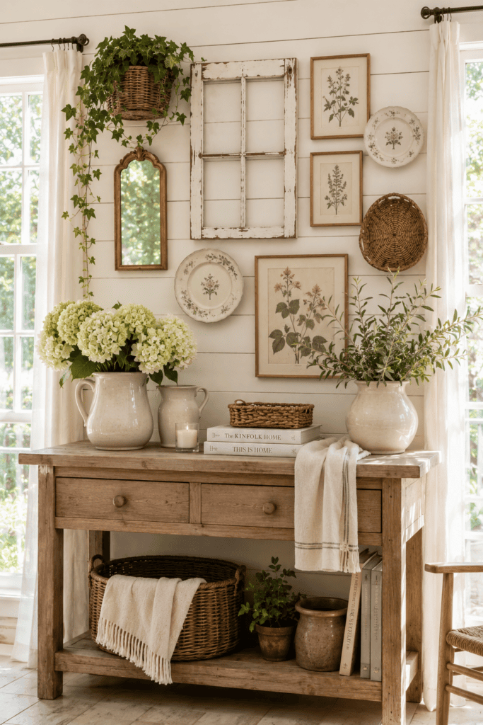 A cottage-inspired wall featuring vintage botanical artwork, antique mirrors, ceramic plates, and fresh hydrangeas styled on a natural oak console.