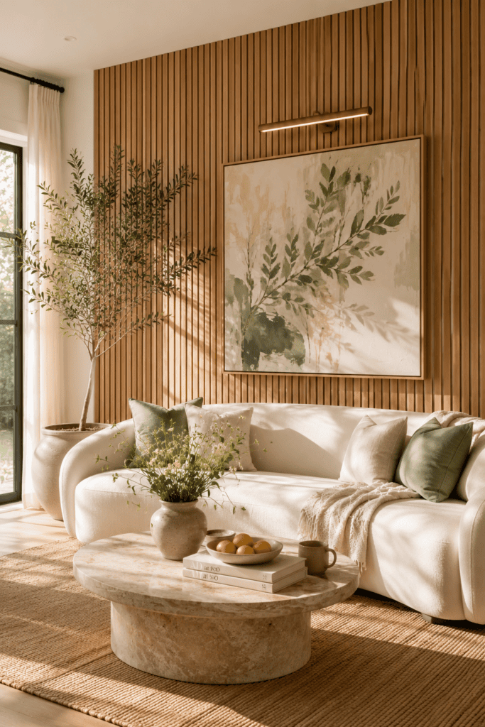 Modern summer accent wall featuring vertical oak slat panels, botanical artwork, and bright natural sunlight.