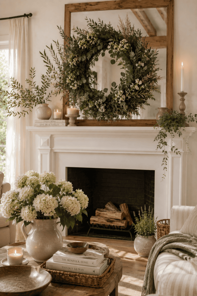 An oversized eucalyptus and olive branch summer wreath above a beautifully styled fireplace mantel with natural décor.
