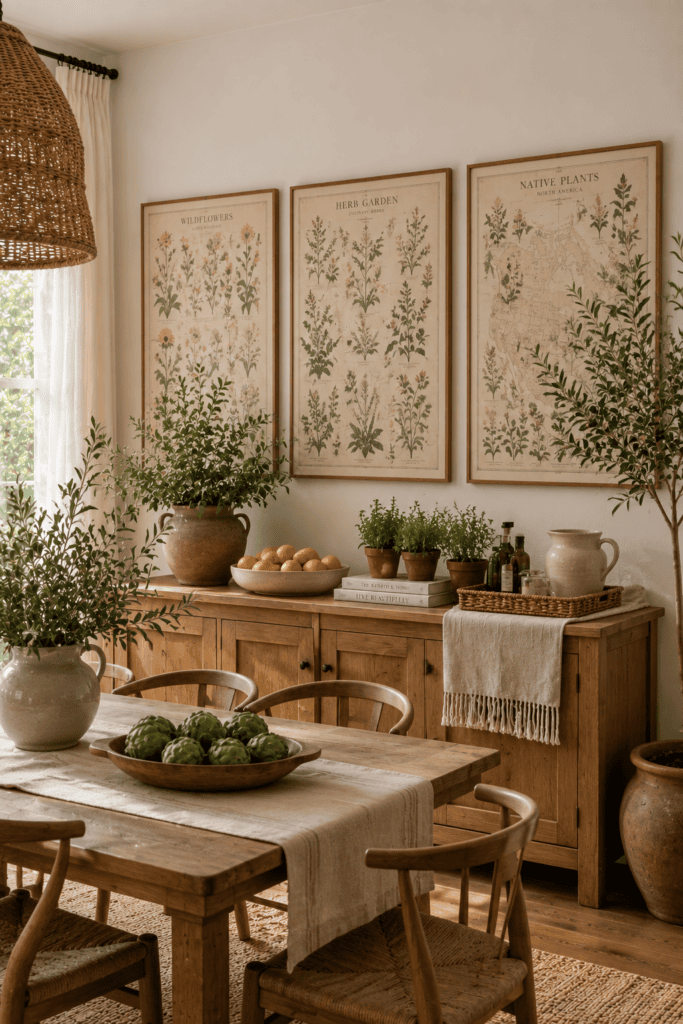 Vintage botanical maps displayed above a natural oak sideboard styled with herbs, ceramics, and fresh summer décor.