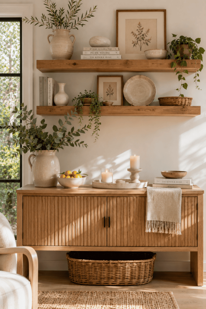 Floating oak shelves styled with ceramics, botanical artwork, woven baskets, and fresh greenery for elegant summer wall decor.