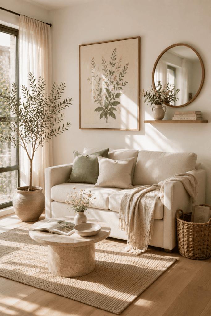 Minimal summer wall decor in a bright apartment featuring botanical artwork, a round mirror, and floating oak shelf.