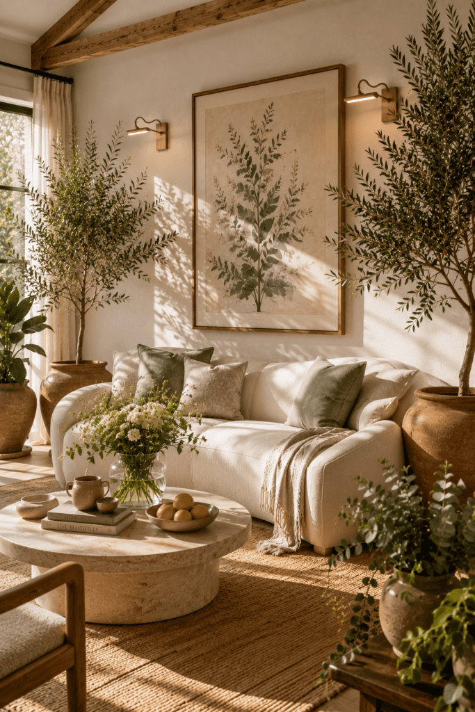 Summer wall decor enhanced with botanical artwork, olive trees, fresh greenery, and warm afternoon sunlight in a bright living room.