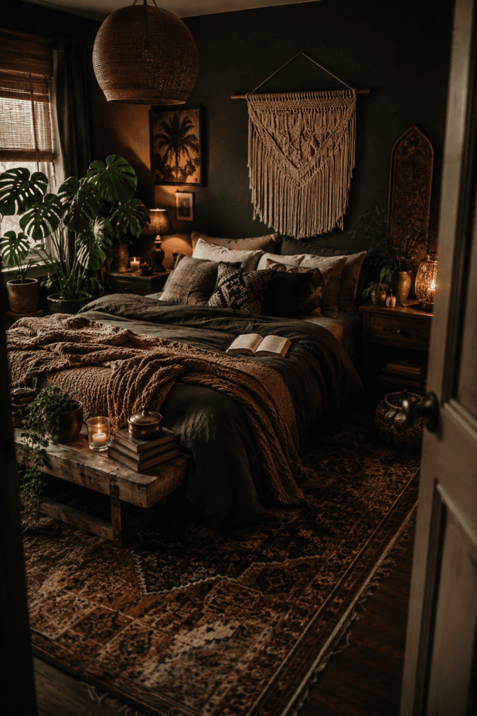 Dark boho bedroom decor with moody walls, layered bedding, woven textures, and cozy ambient lighting inspiration