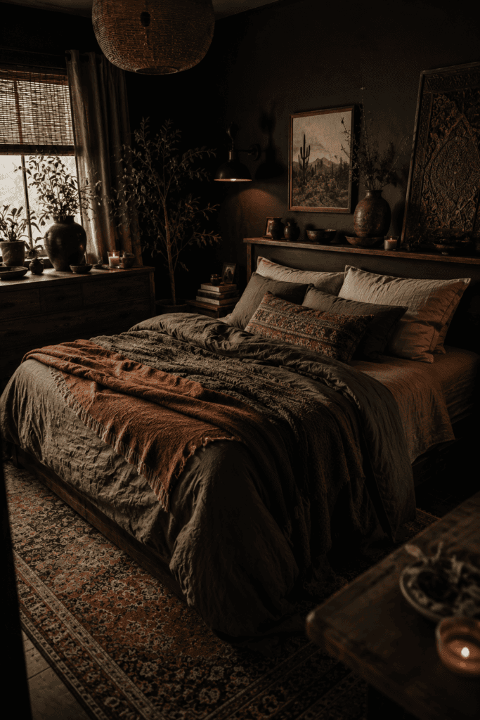 Dark boho bedroom with charcoal walls, earthy tones, and moody cozy bedroom inspiration