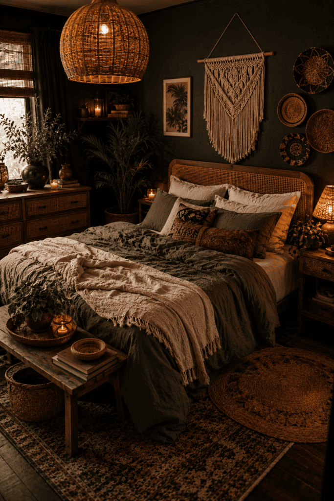 Dark boho bedroom with woven decor, rattan lighting, and textured bohemian bedroom inspiration