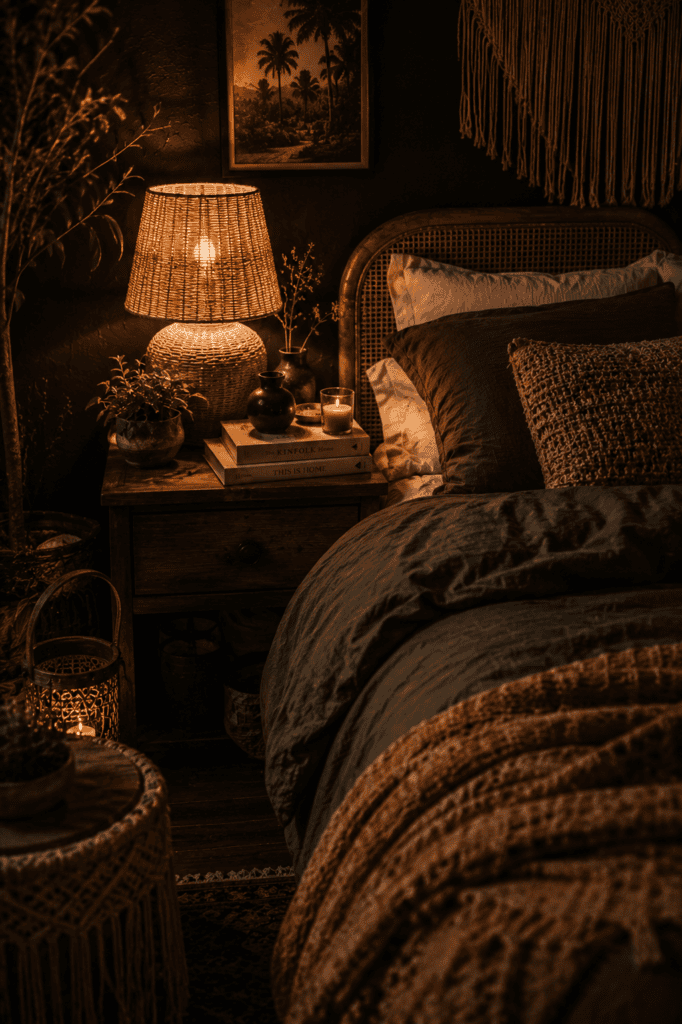 Close-up dark boho bedroom bedside decor with warm lamp, candles, and cozy ambient lighting inspiration