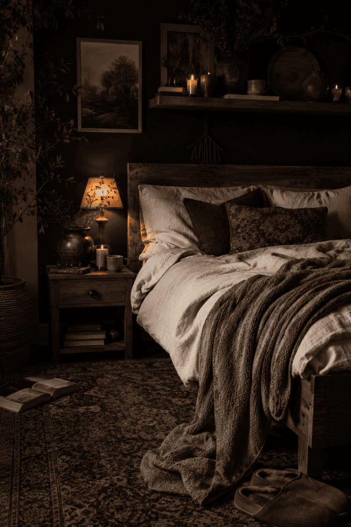 Dark boho bedroom with rumpled bedding, warm lighting, and relaxed lived-in cozy decor inspiration