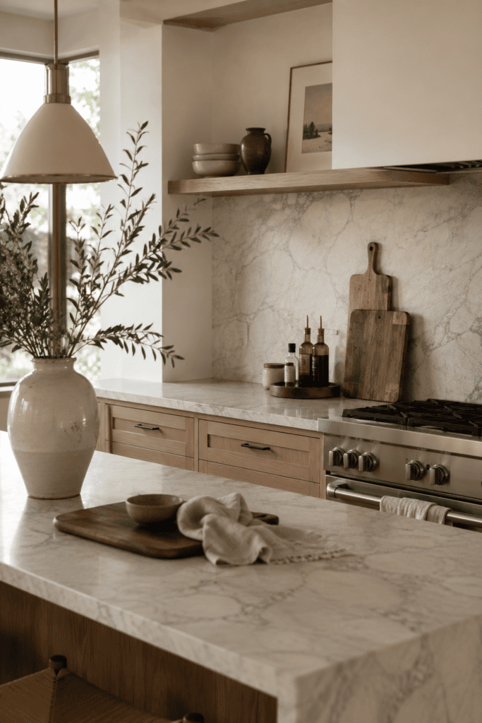 Kitchen counter decor with clean styling, marble countertop, decorative tray, and clutter-free kitchen inspiration