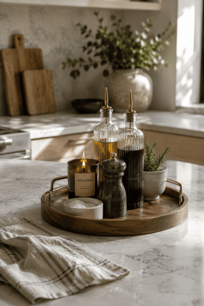 Kitchen counter tray styling with oil bottles, ceramic decor, and organized clutter-free kitchen inspiration