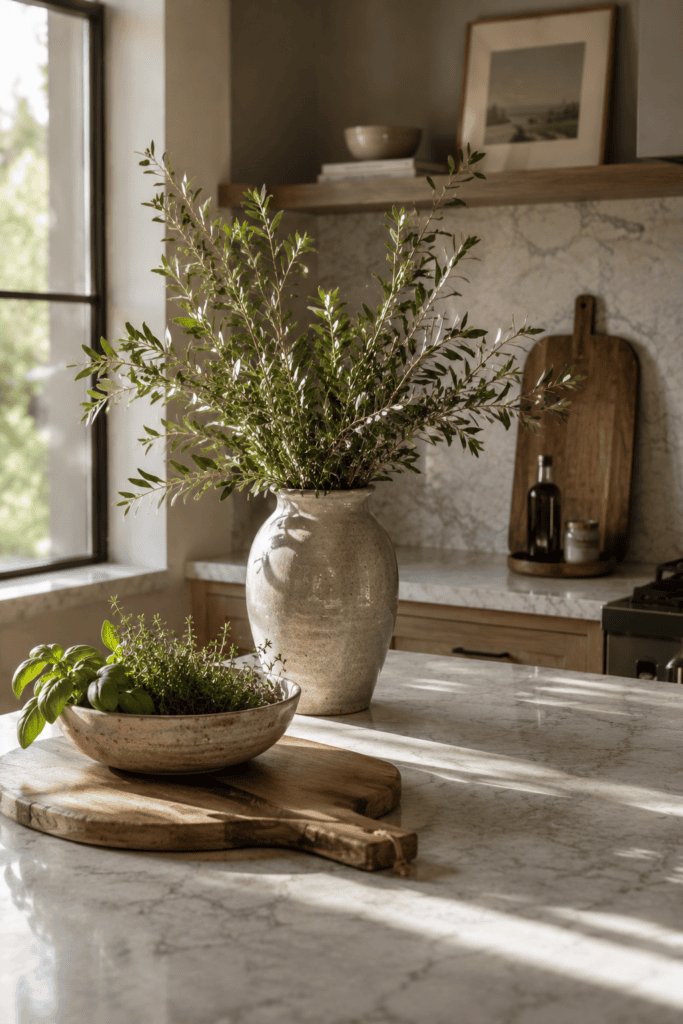 Kitchen counter decor with fresh greenery, ceramic vase, and natural clutter-free kitchen styling