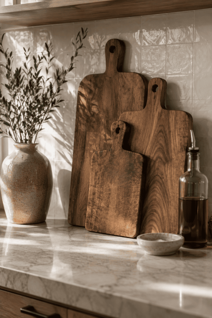 Kitchen counter decor with wooden cutting boards, natural textures, and stylish clutter-free kitchen inspiration