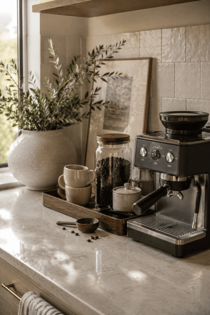 Kitchen coffee station decor with mugs, espresso machine, and stylish clutter-free counter organization
