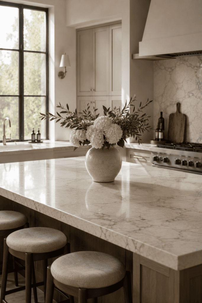 Kitchen island decor with simple centerpiece styling and elegant clutter-free kitchen design
