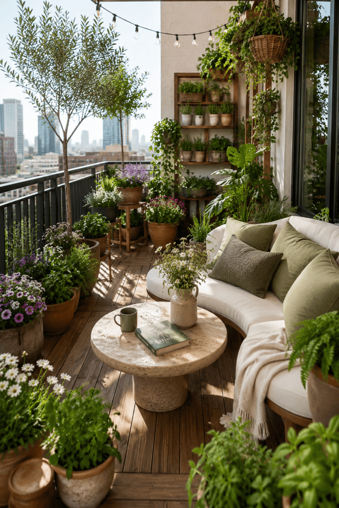 A lush apartment balcony garden featuring layered plants, cozy outdoor seating, teak flooring, and abundant natural greenery in bright morning sunlight.
