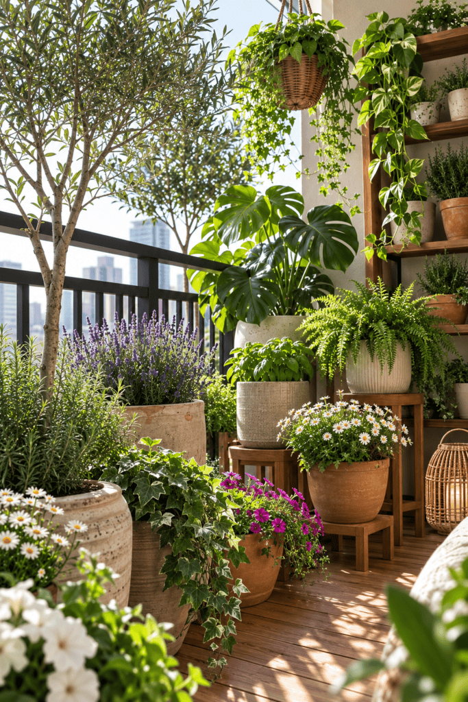 Layered balcony garden with plants arranged at different heights using ceramic planters and wooden stands.