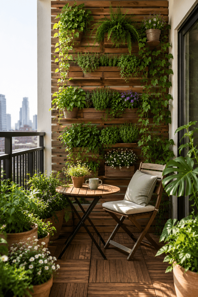 Apartment balcony featuring a lush vertical garden wall filled with herbs and trailing plants.