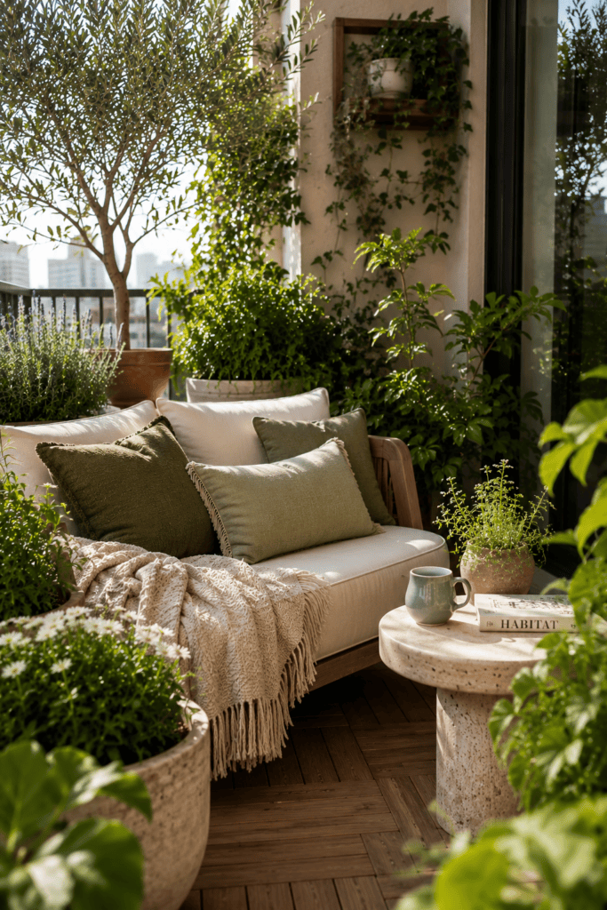 Comfortable balcony seating surrounded by lush greenery, natural textures, and soft morning light.