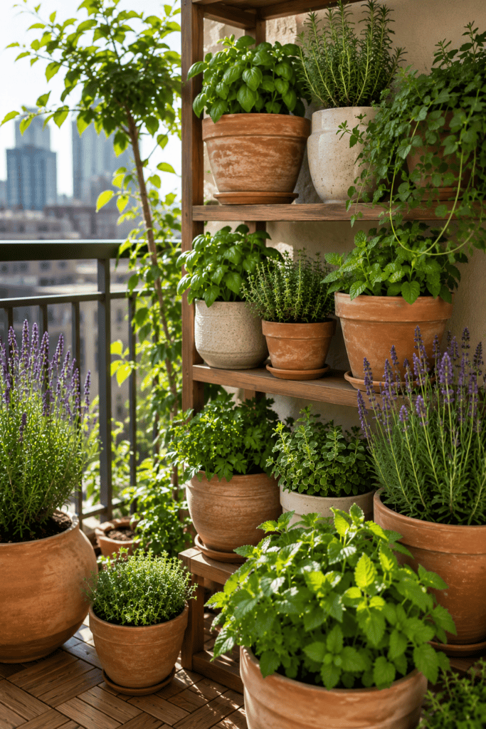 Fresh herb garden on an apartment balcony with basil, rosemary, mint, and lavender in ceramic pots.