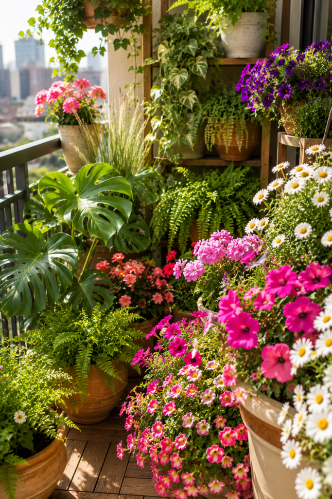 Apartment balcony filled with colorful flowers mixed with lush green foliage creating a vibrant garden.