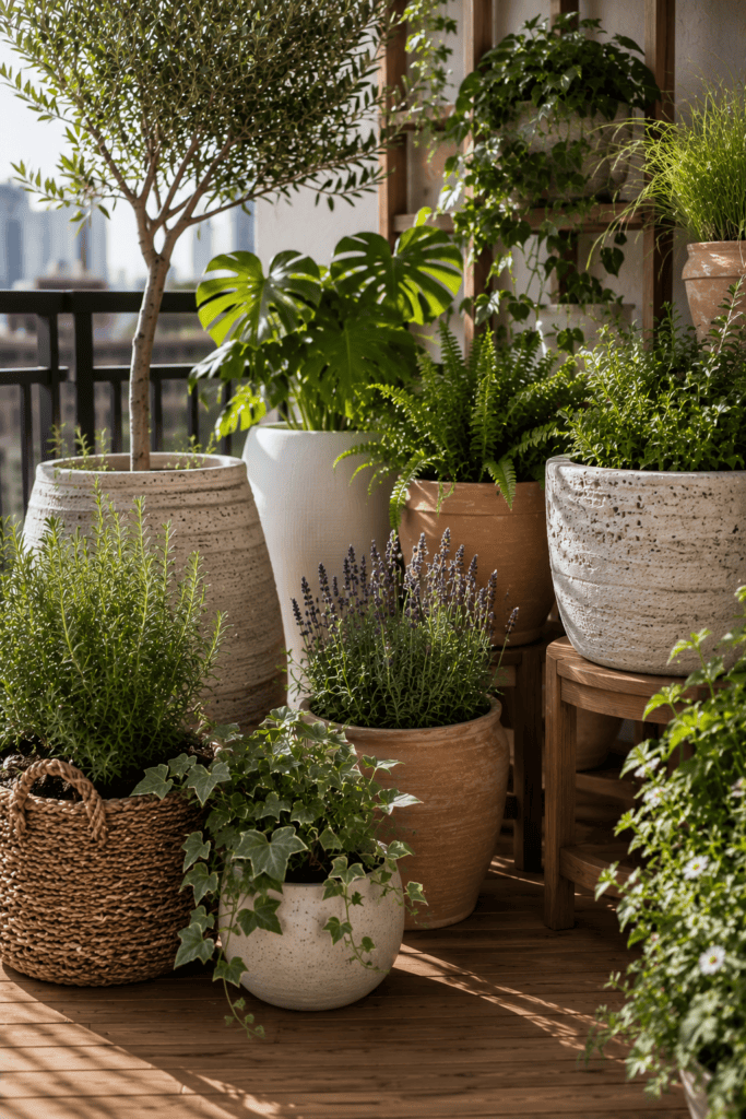 Designer balcony planters featuring ceramic, terracotta, and woven containers filled with lush greenery.