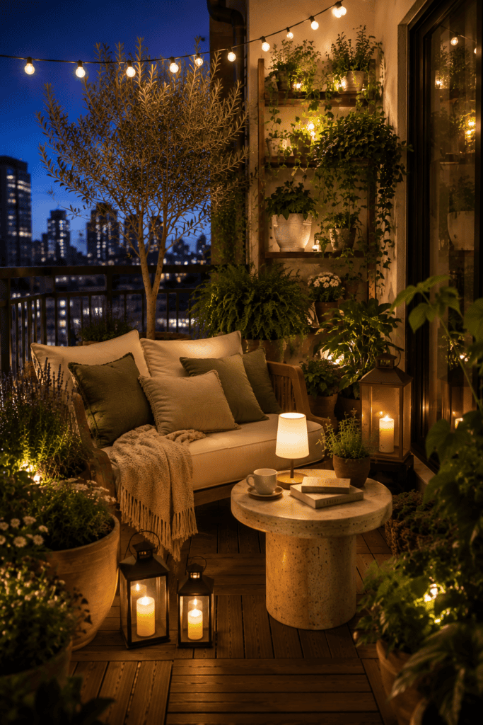 Apartment balcony glowing with warm string lights, lanterns, lush greenery, and cozy evening seating.
