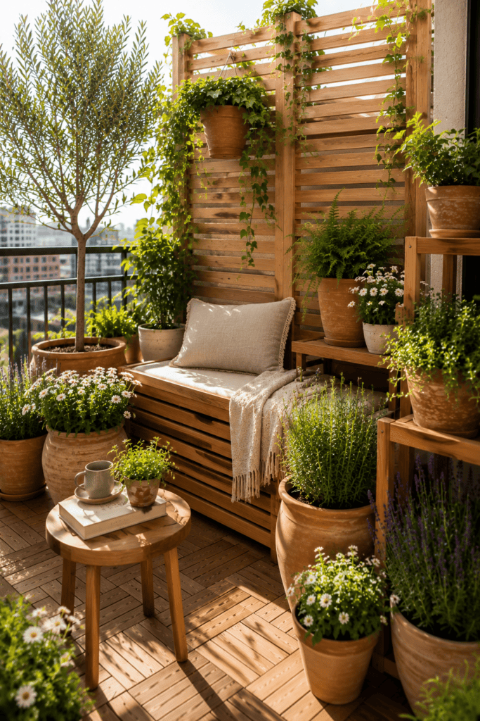 Apartment balcony featuring teak flooring, wood furniture, and lush greenery creating a warm natural retreat.