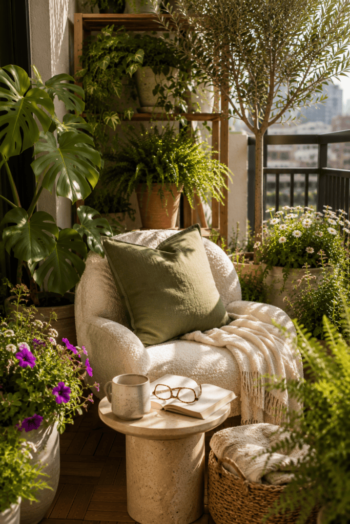 Cozy balcony reading nook with a boucle chair, lush plants, books, and bright natural morning light.
