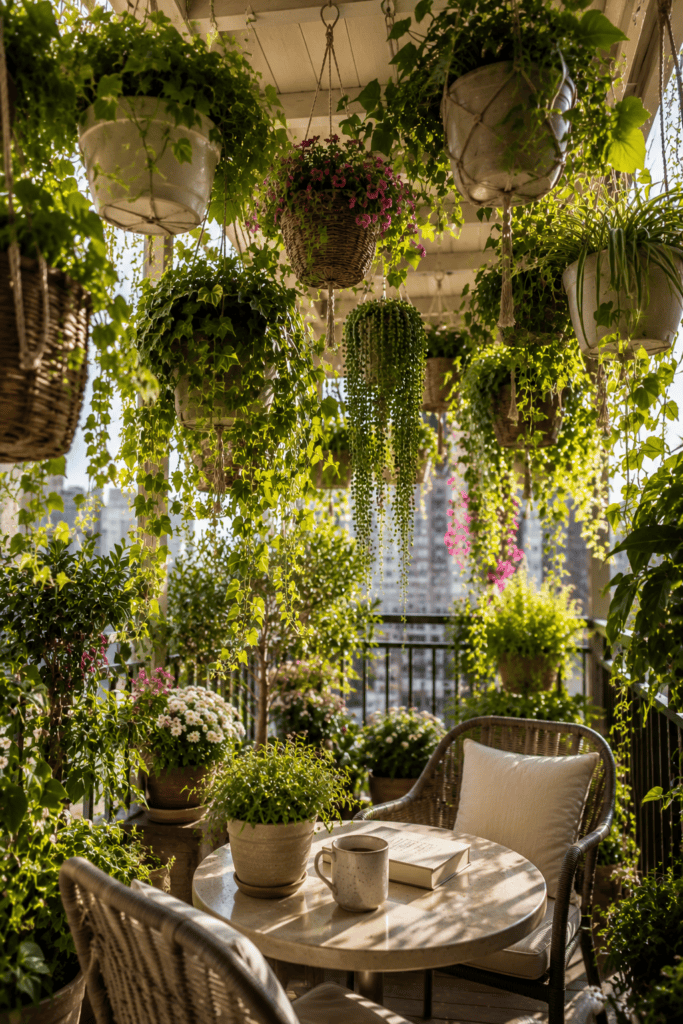 Apartment balcony with a lush climbing plant trellis creating a beautiful natural privacy screen.