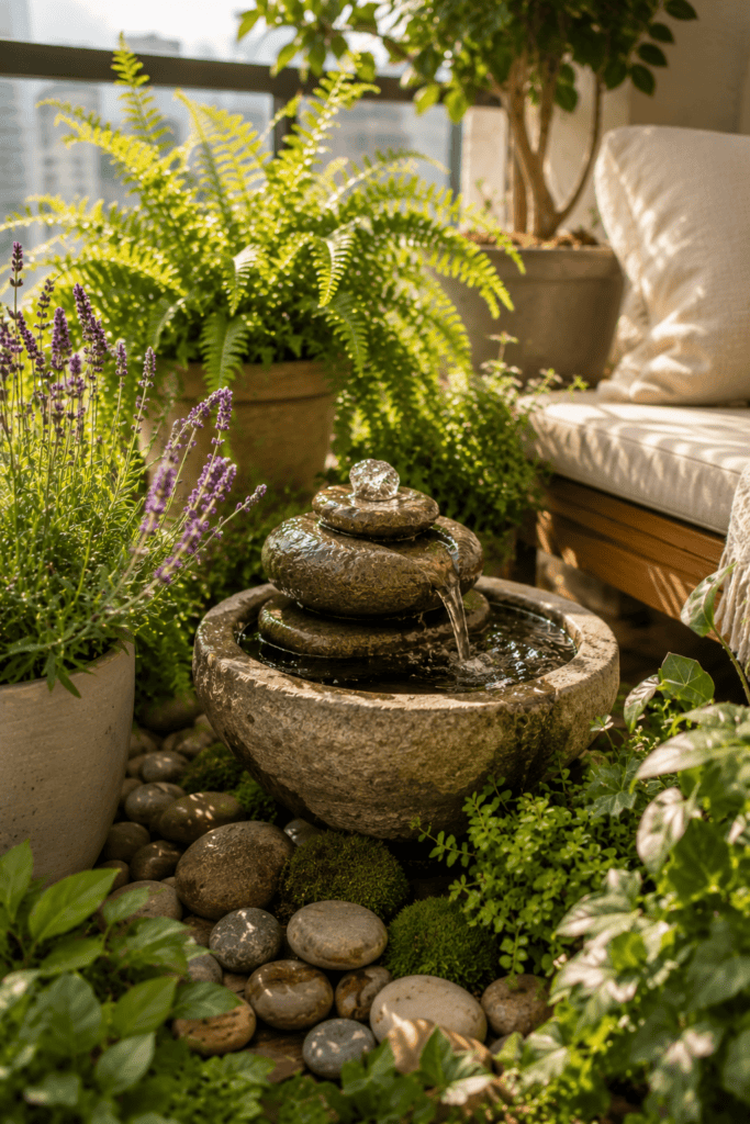Small tabletop fountain surrounded by lush plants creating a peaceful apartment balcony garden.