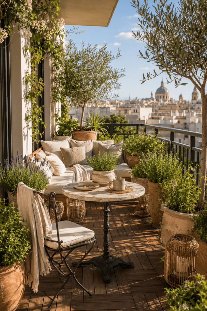 Mediterranean-inspired apartment balcony with olive trees, terracotta pots, lavender, and natural textures.