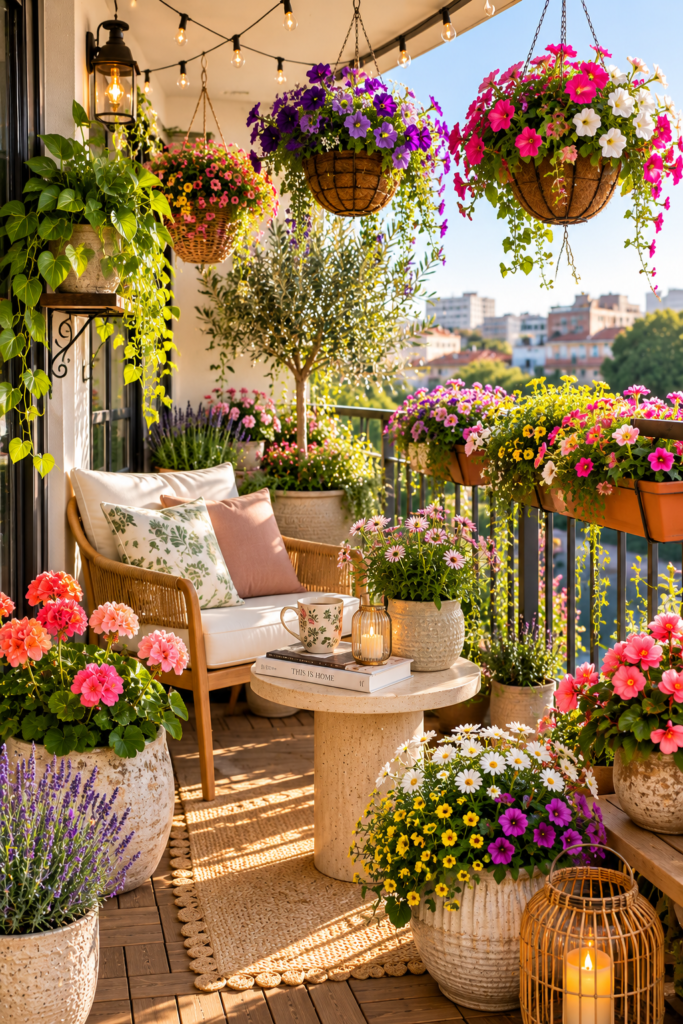 Apartment balcony filled with colorful seasonal flowers in elegant ceramic planters and hanging baskets.