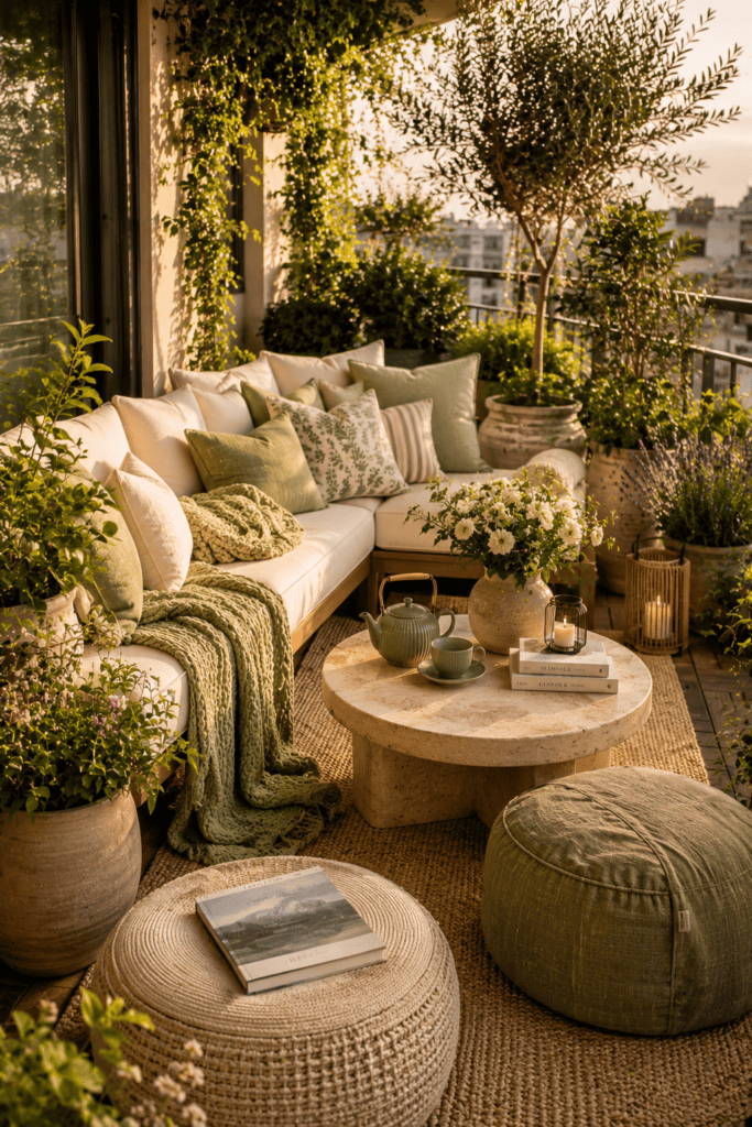 Cozy apartment balcony with outdoor cushions, woven rug, soft textiles, and lush greenery creating a relaxing garden retreat.