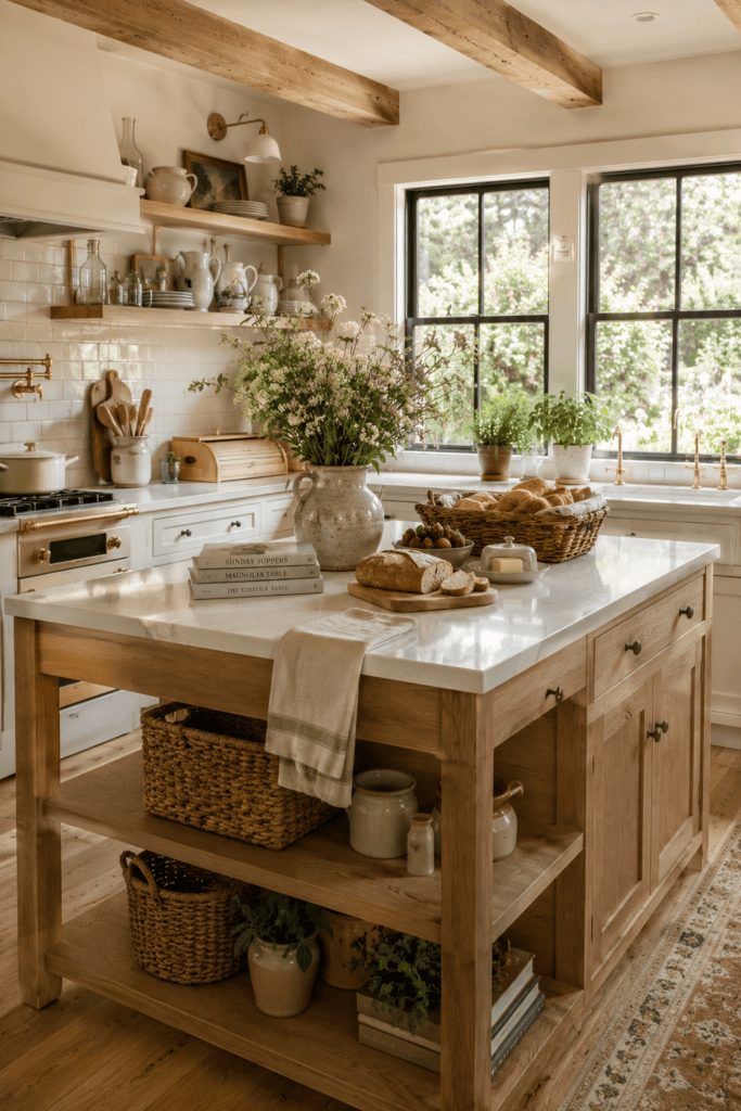 Bright cottage kitchen with white cabinets, oak island, open shelves, fresh flowers, and warm morning sunlight.